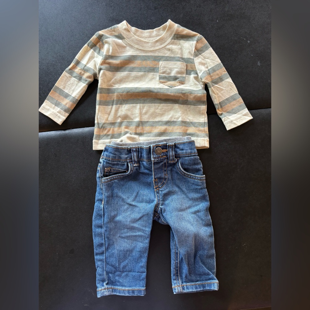 Striped Long Sleeve Shirt and Blue Jeans Set